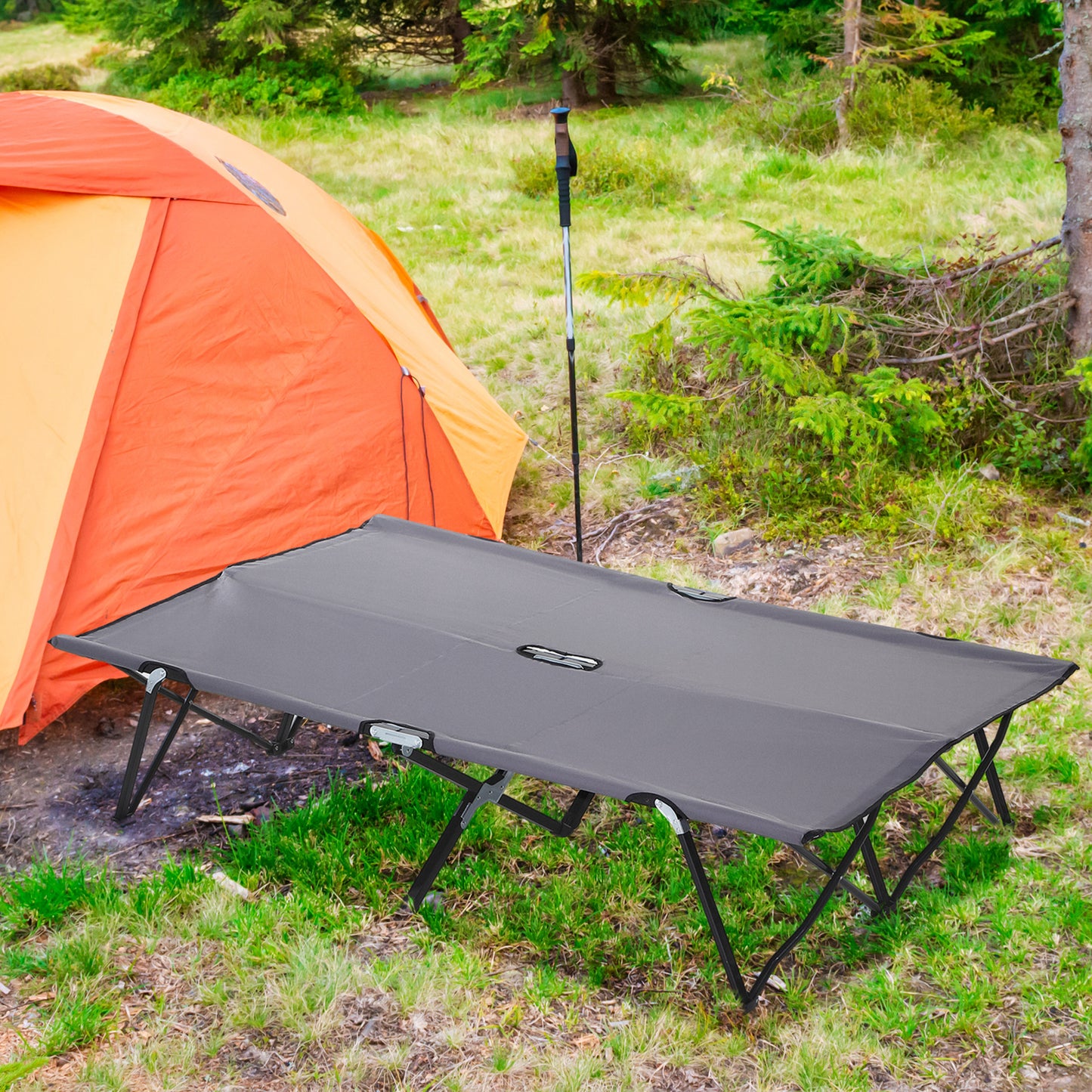 Grey Steel Folding Camping Cot - 2 Person Outdoor Sleeping Bed
