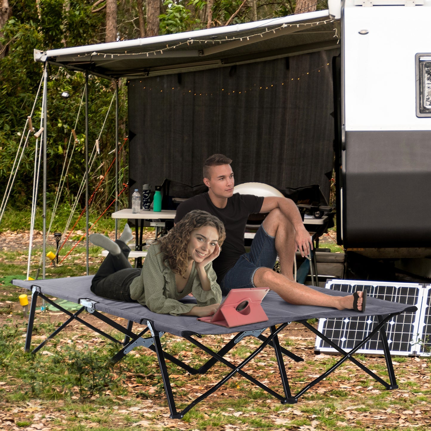 Grey Steel Folding Camping Cot - 2 Person Outdoor Sleeping Bed