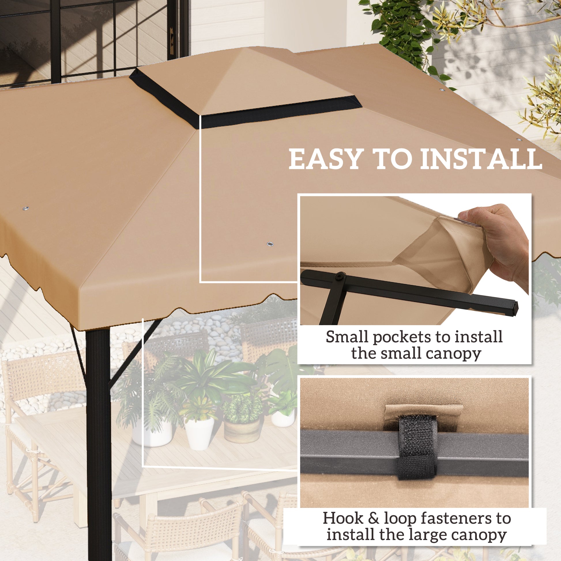 9.8' Khaki Polyester Gazebo Canopy Top - Outdoor Patio Shade