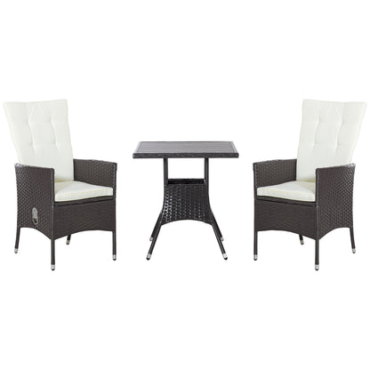 Outsunny 3 Piece Patio Bistro Set, Outdoor PE Wicker Furniture Conversation Set with Tufted Cushion Reclining Chairs & Coffee Table for Backyard, Lawn, Porch, Poolside, Balcony, Cream White