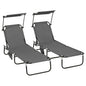 Outsunny Folding Chaise Lounge Pool Chairs, Outdoor Sun Tanning Chairs with Canopy Shade, Reclining Back, Steel Frame and Side Pocket for Beach, Yard, Patio, Dark Gray