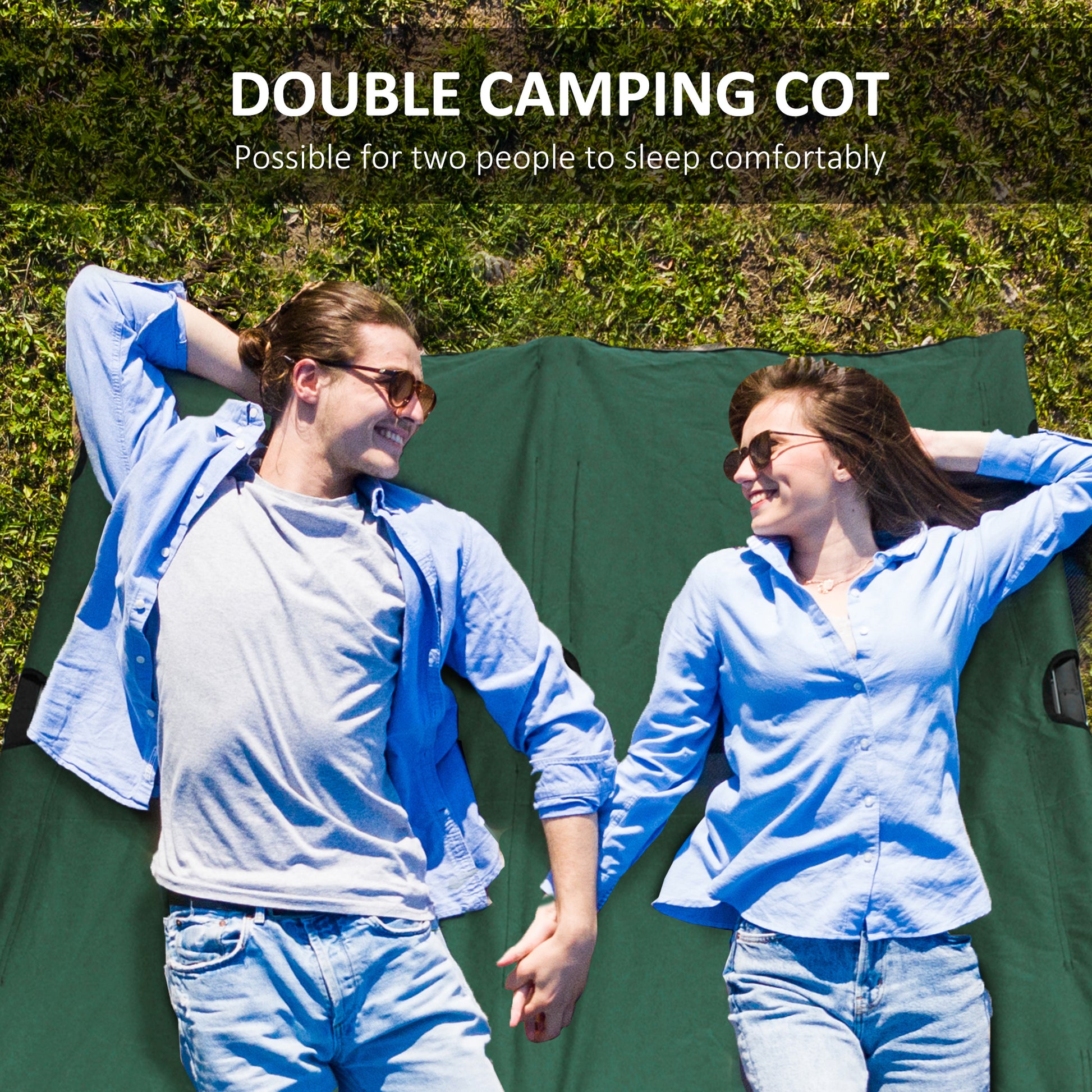 Green Steel Folding Camping Cot - 2 Person Outdoor Sleeping Bed