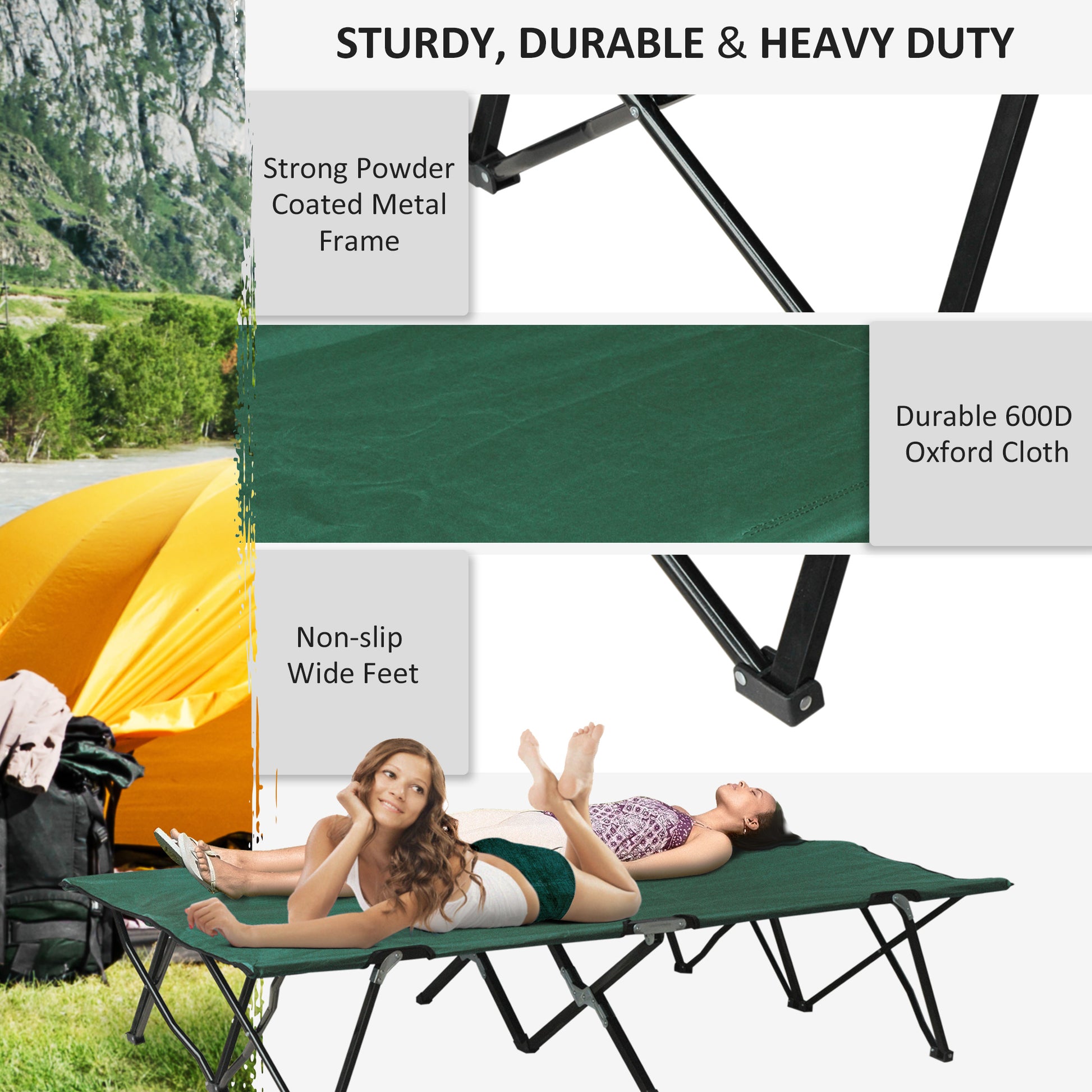 Green Steel Folding Camping Cot - 2 Person Outdoor Sleeping Bed