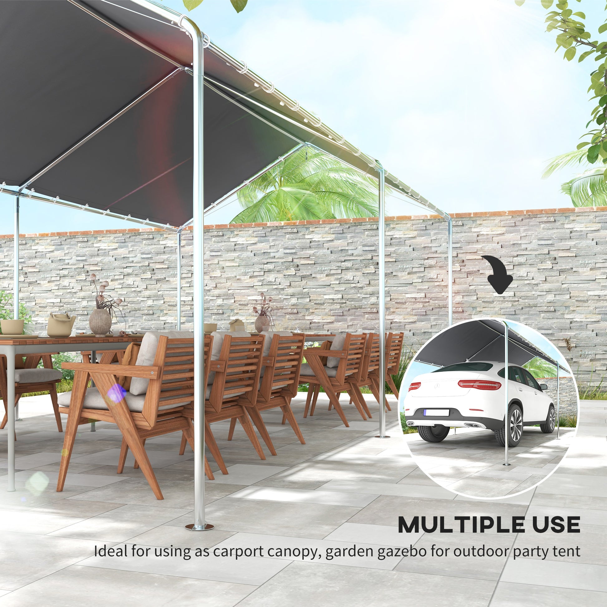 Grey Steel Carport 3.8 x 7.7 ft - Outdoor Carport