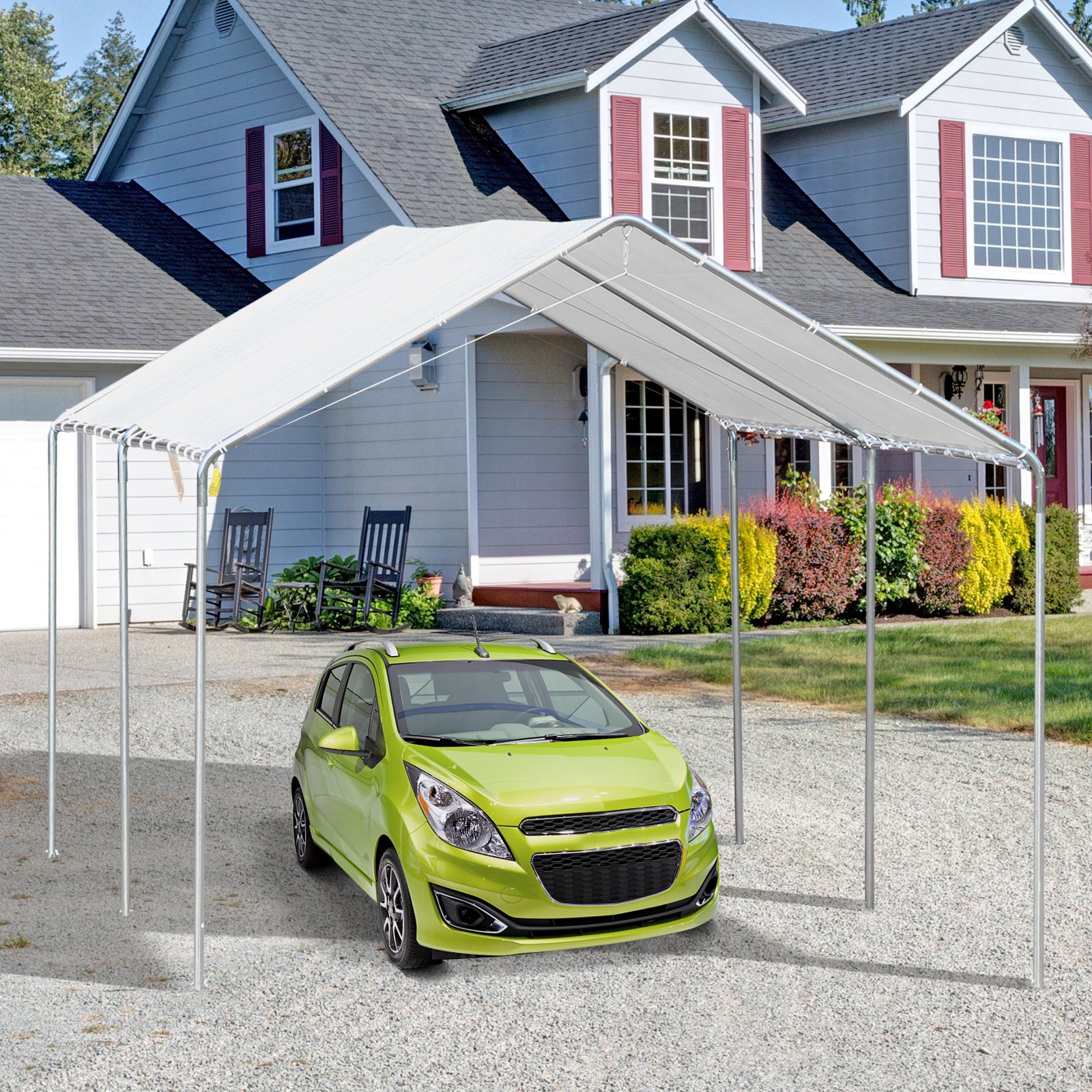 10x20 Steel Carport with White Canopy - Outdoor Carport