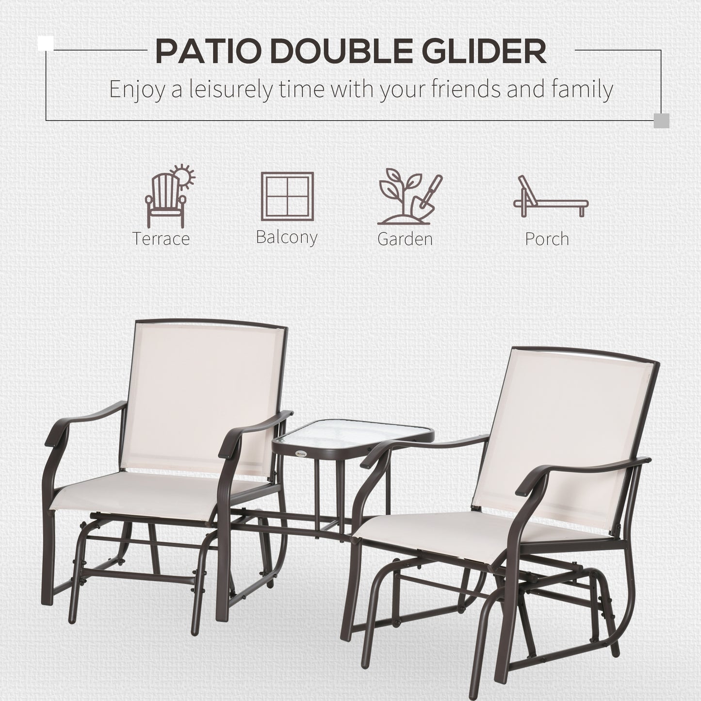 Outsunny Beige Patio Glider Chairs with Coffee Table - 2 Seat Rocking Set