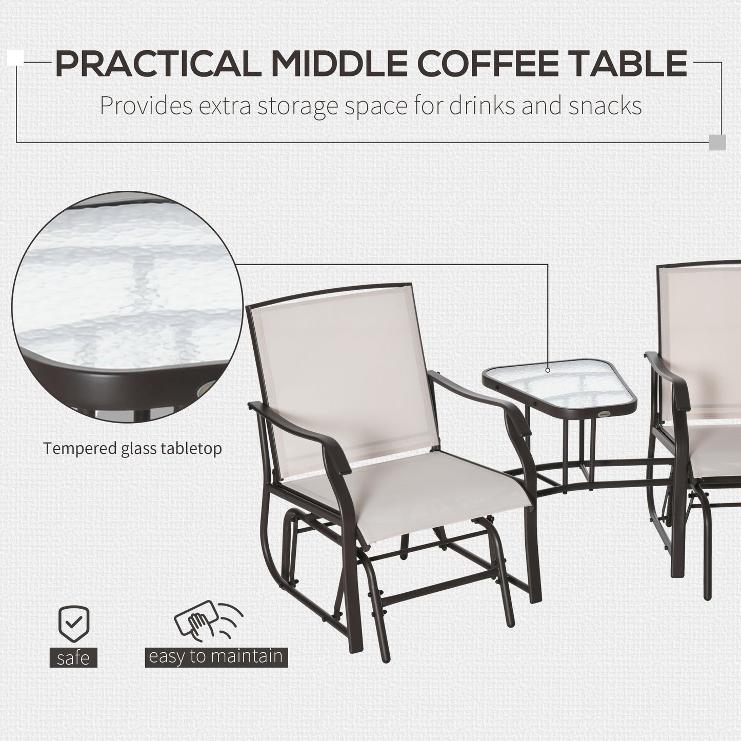 Outsunny Beige Patio Glider Chairs with Coffee Table - 2 Seat Rocking Set