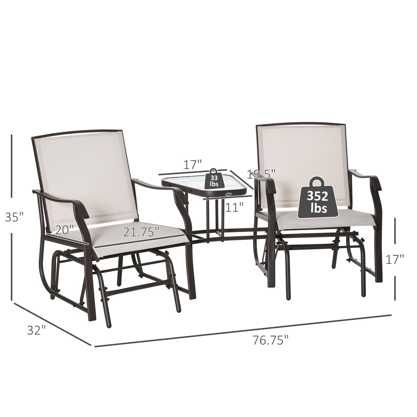 Outsunny Beige Patio Glider Chairs with Coffee Table - 2 Seat Rocking Set