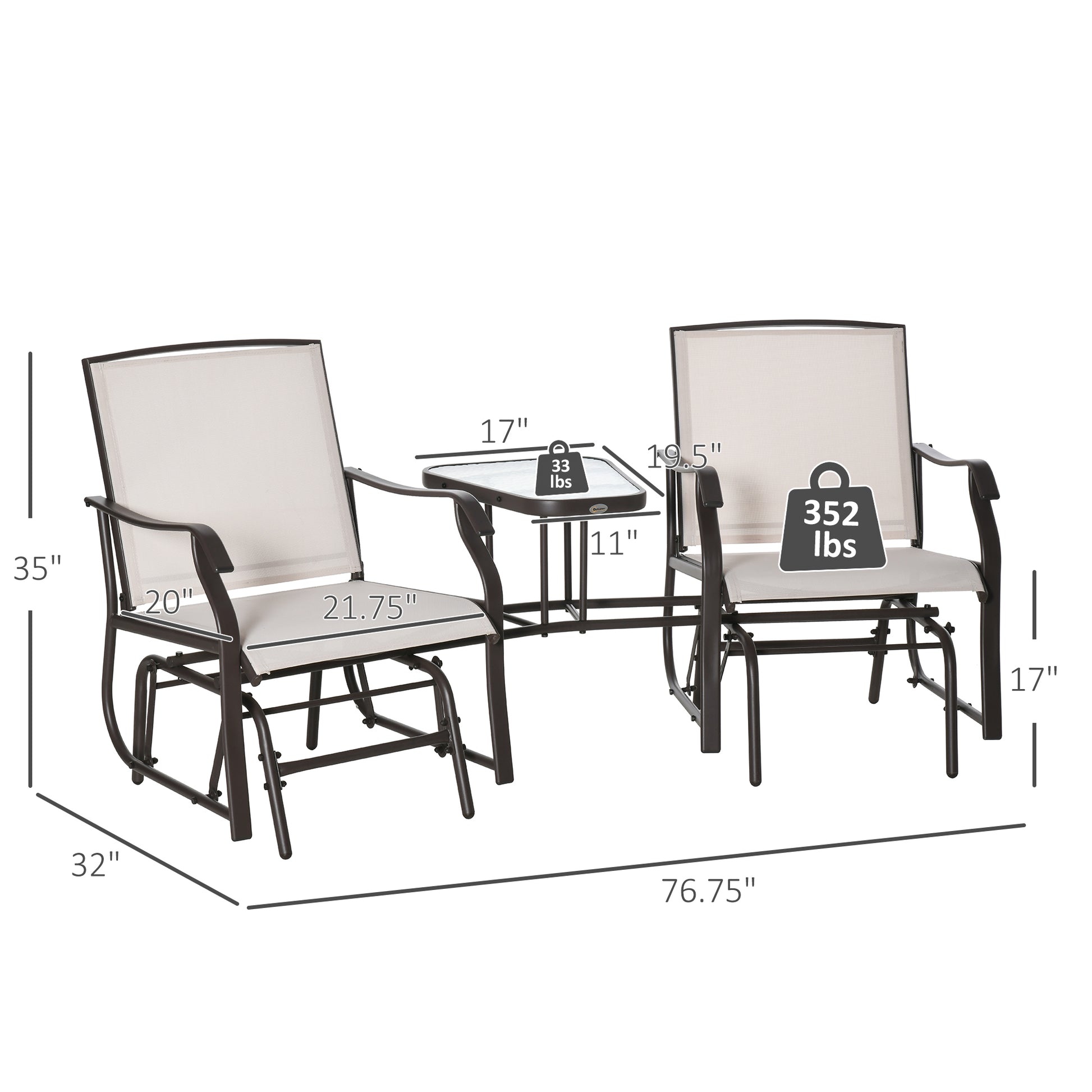Outsunny Beige Patio Glider Chairs with Coffee Table - 2 Seat Rocking Set