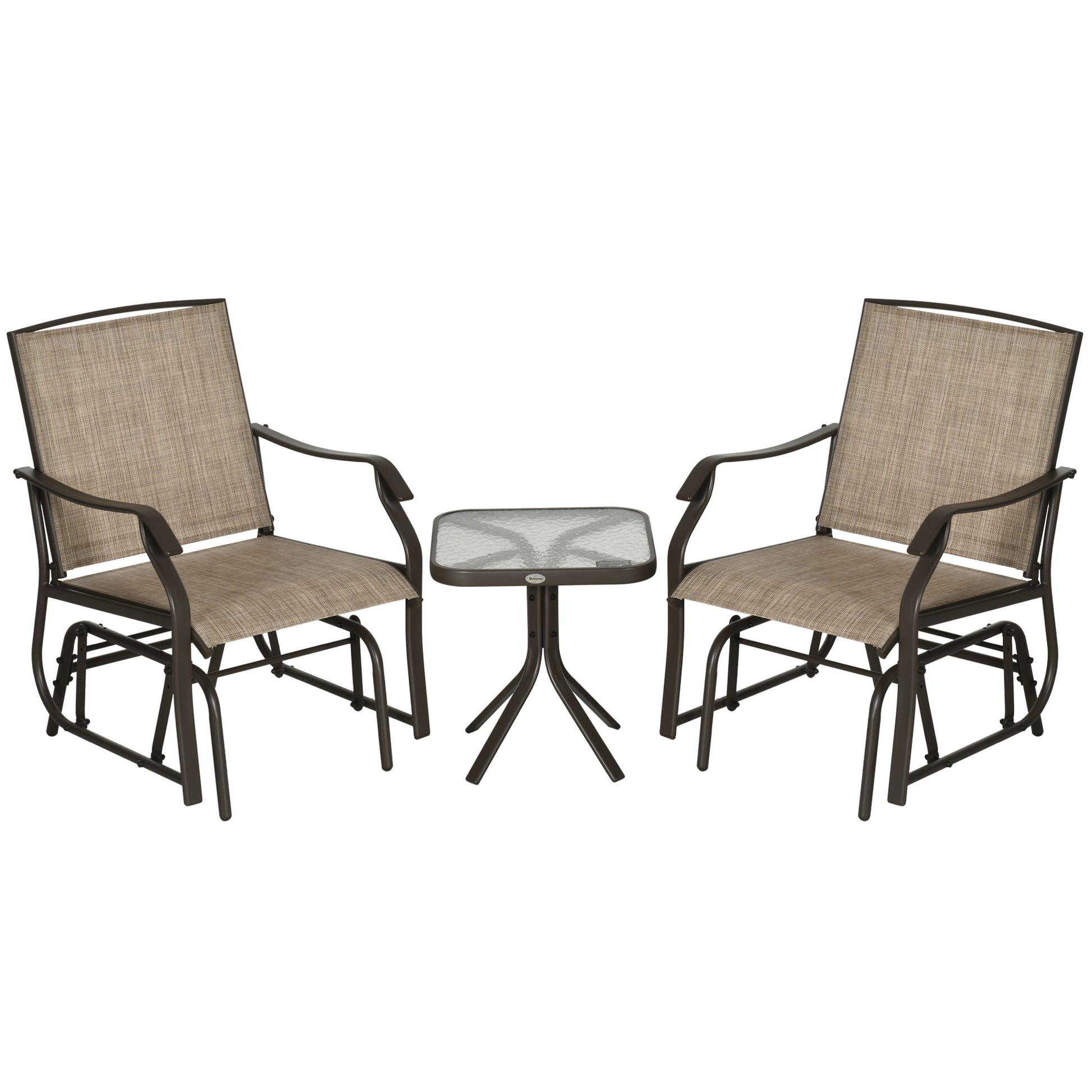 Outsunny 3 Piece Outdoor Glider Chair with Coffee Table Bistro Set, 2 Patio Rocking Swing Chairs with Breathable Sling Fabric, Glass Tabletop, for Backyard, Garden and Porch, Mixed Brown