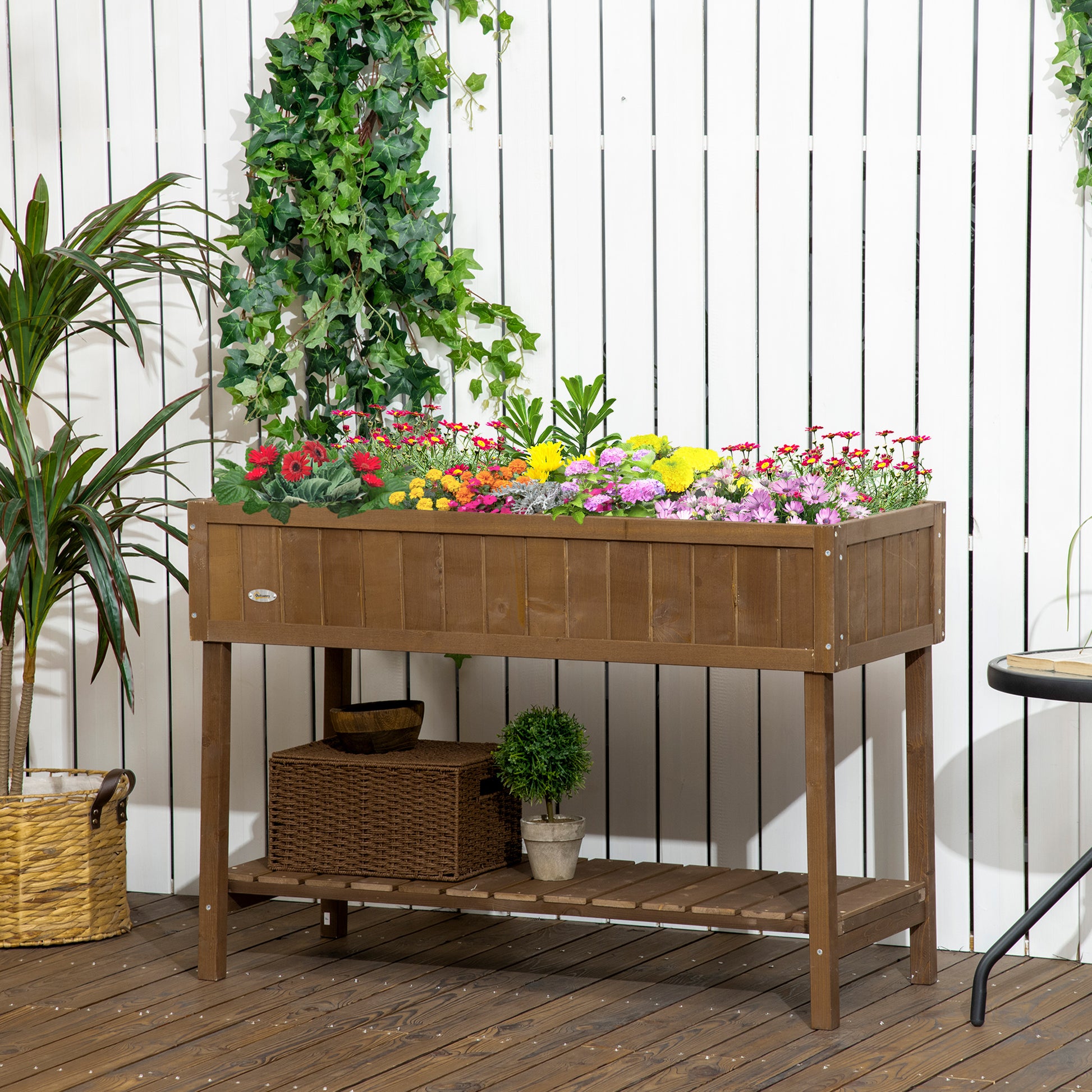 Brown Wooden Raised Garden Bed 8 Pockets Outdoor Planter Box