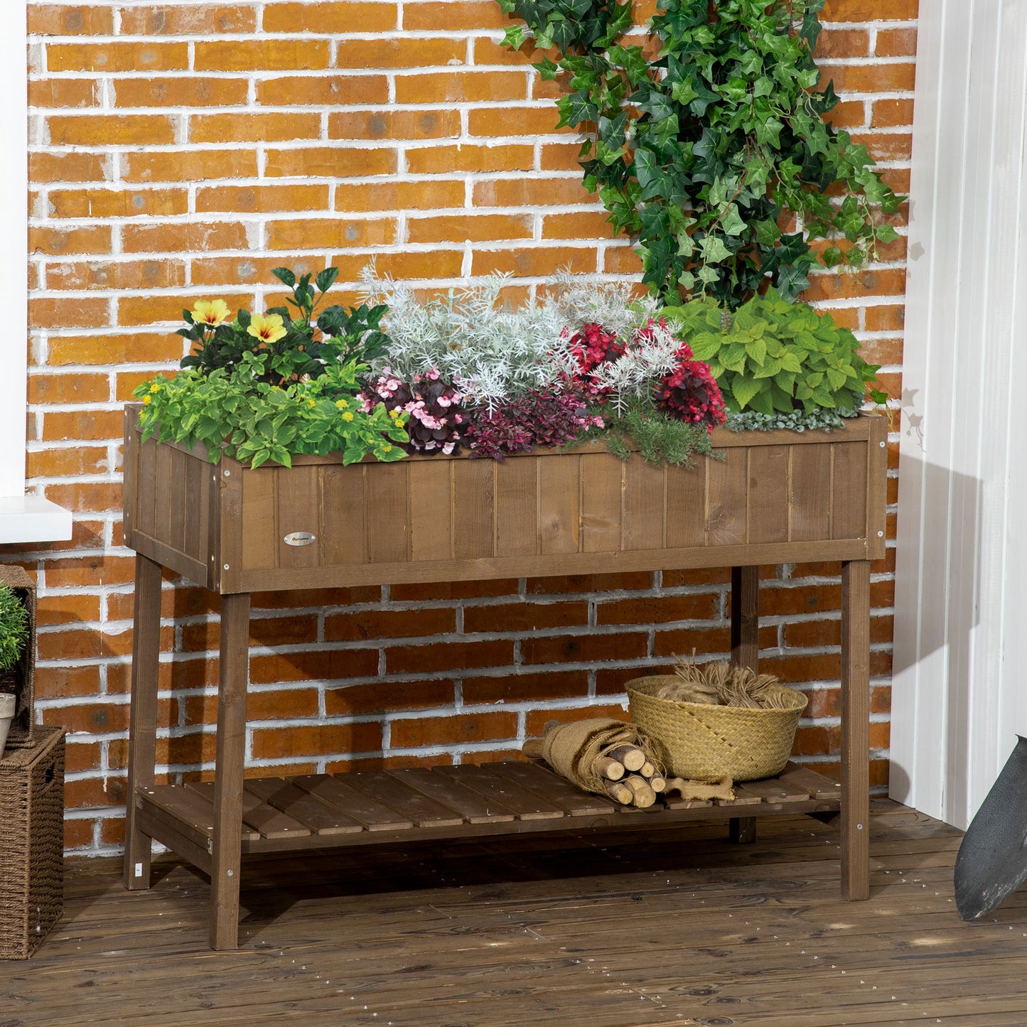 Brown Wooden Raised Garden Bed 8 Pockets Outdoor Planter Box