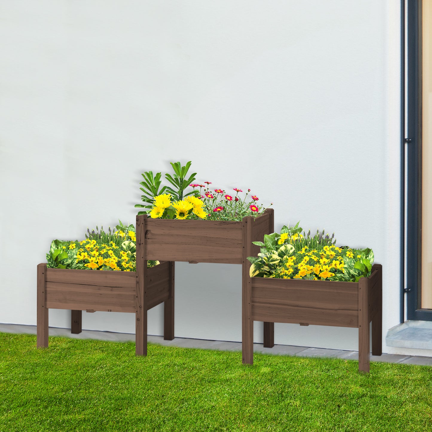 Outsunny Raised Garden Bed - Coffee Wood, 3 Planter Boxes for Vegetables & Herbs