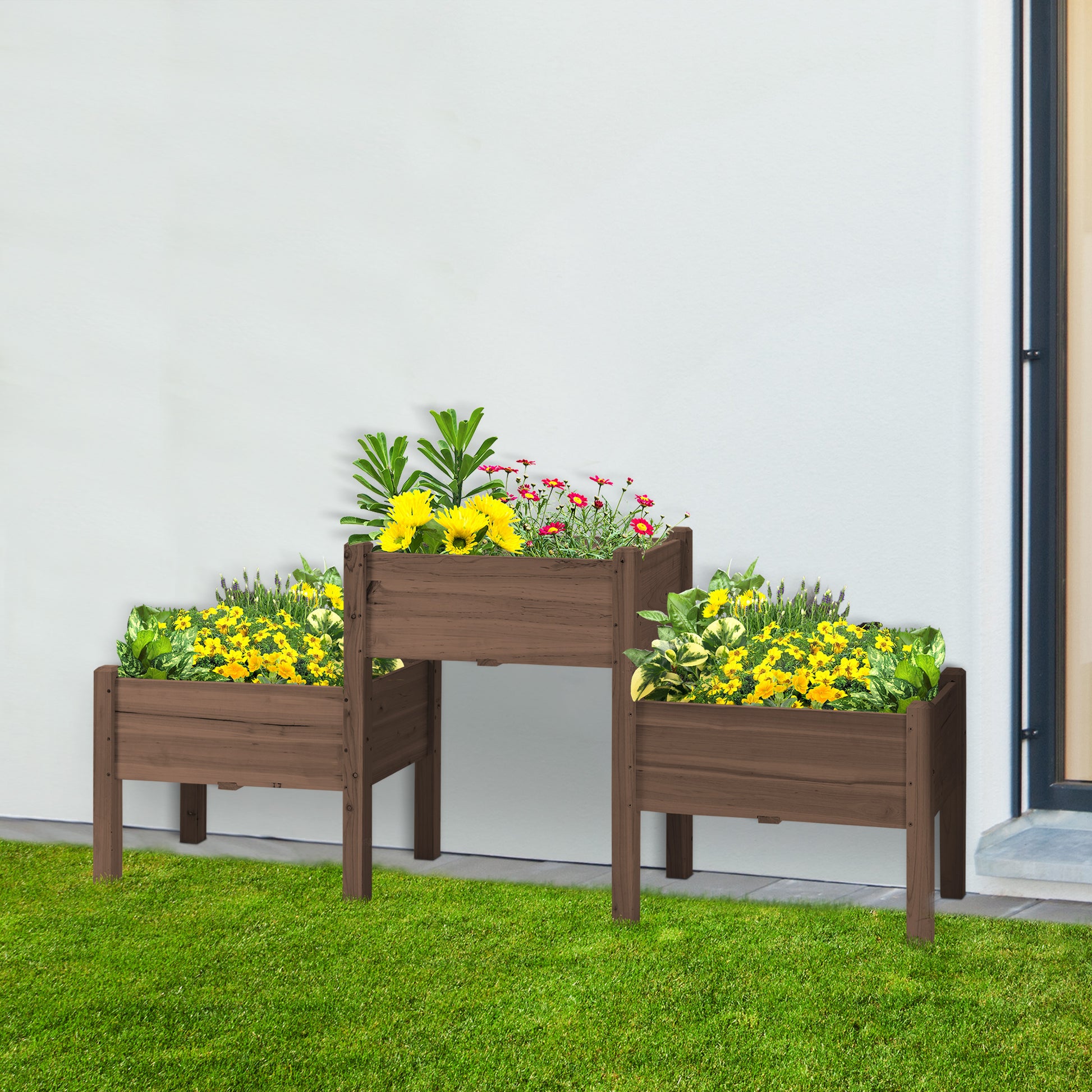 Outsunny Raised Garden Bed - Coffee Wood, 3 Planter Boxes for Vegetables & Herbs