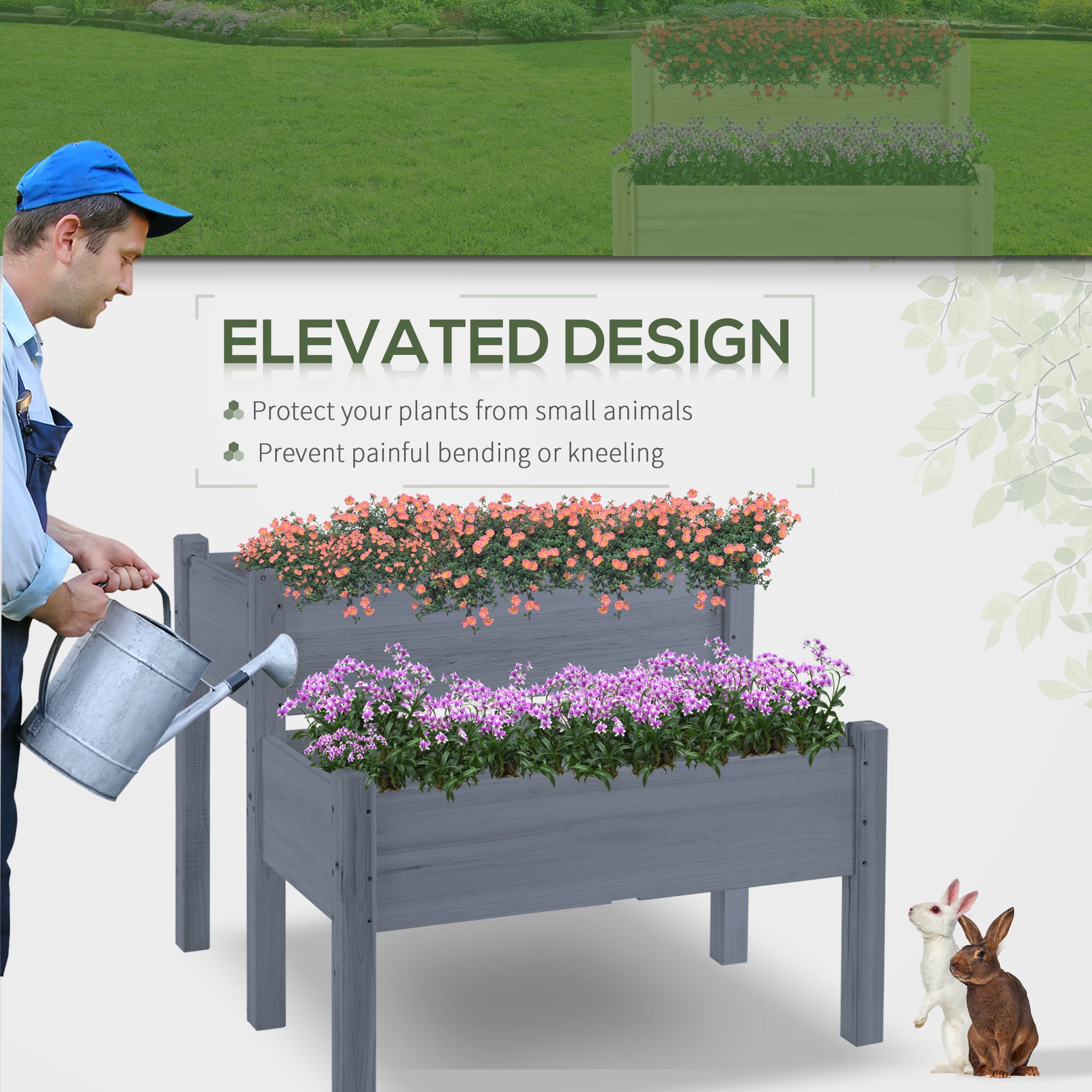 Two Tier Raised Garden Planter Box for Patio & Garden Vegetables Wood
