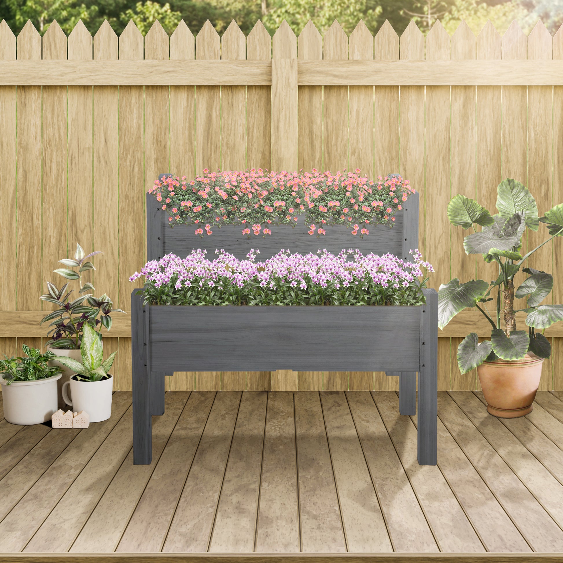 Two Tier Raised Garden Planter Box for Patio & Garden Vegetables Wood