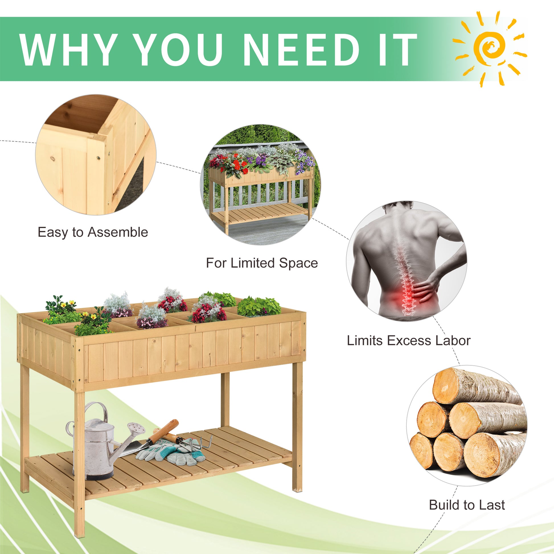Outsunny 43" Raised Garden Bed with 8 Pockets - Natural Wood