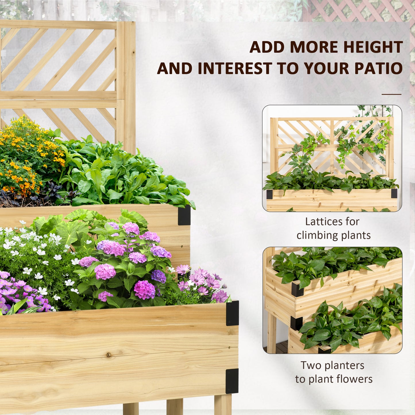 Outsunny Raised Garden Bed with Trellis - 2 Tier Wooden Planter Box