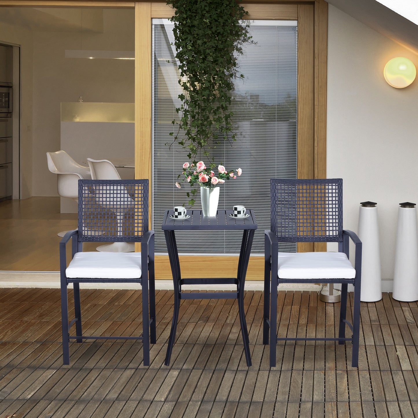 Outsunny 3-Piece Patio Bar Set - Black Steel & Wicker