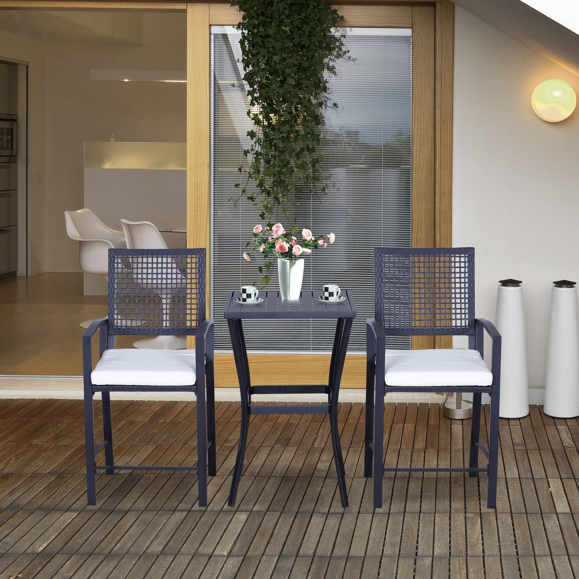 Outsunny 3-Piece Patio Bar Set - Black Steel & Wicker