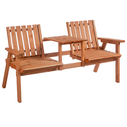Outsunny Patio Bench, Garden Bench with Middle Table and Umbrella Hole, Wooden Outdoor Bench for Patio, Porch, Poolside, Balcony, Orange