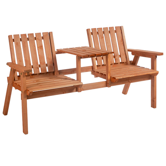 Outsunny Patio Bench, Garden Bench with Middle Table and Umbrella Hole, Wooden Outdoor Bench for Patio, Porch, Poolside, Balcony, Orange