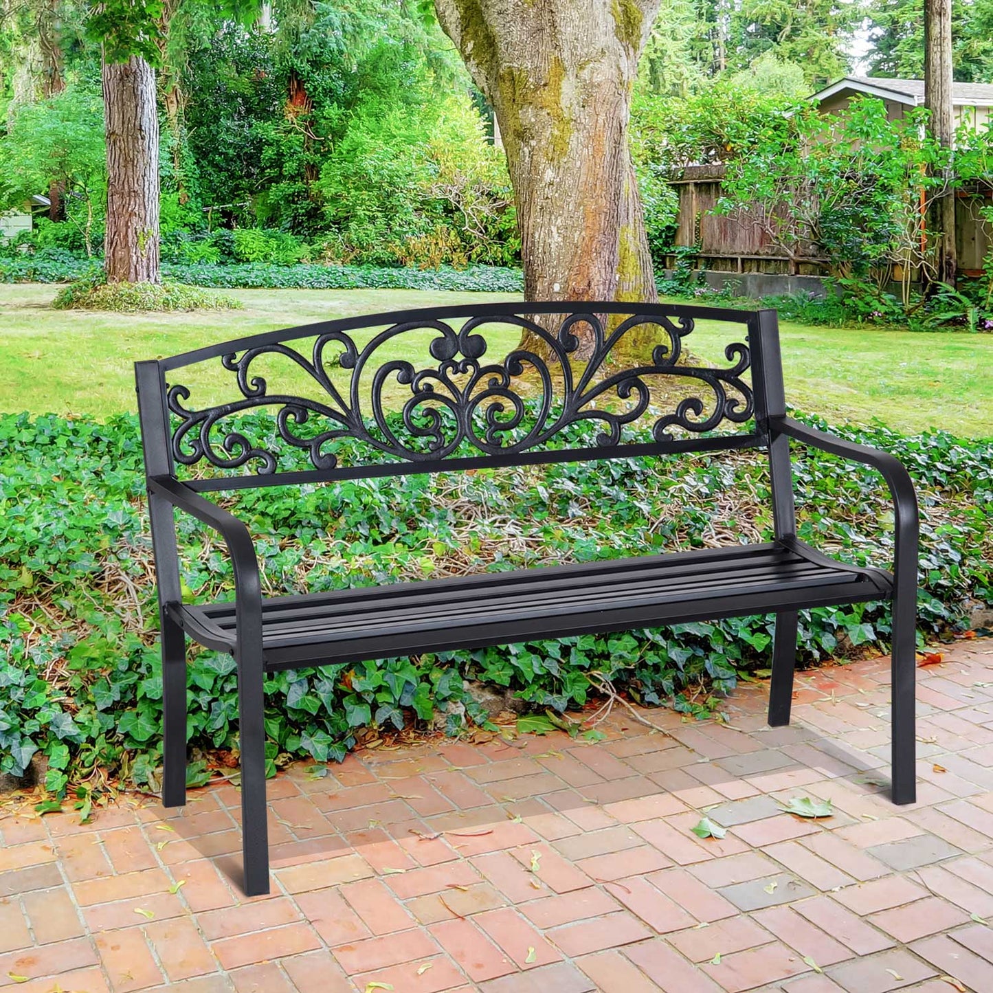 Black Iron Outdoor Bench - Floral Garden Bench