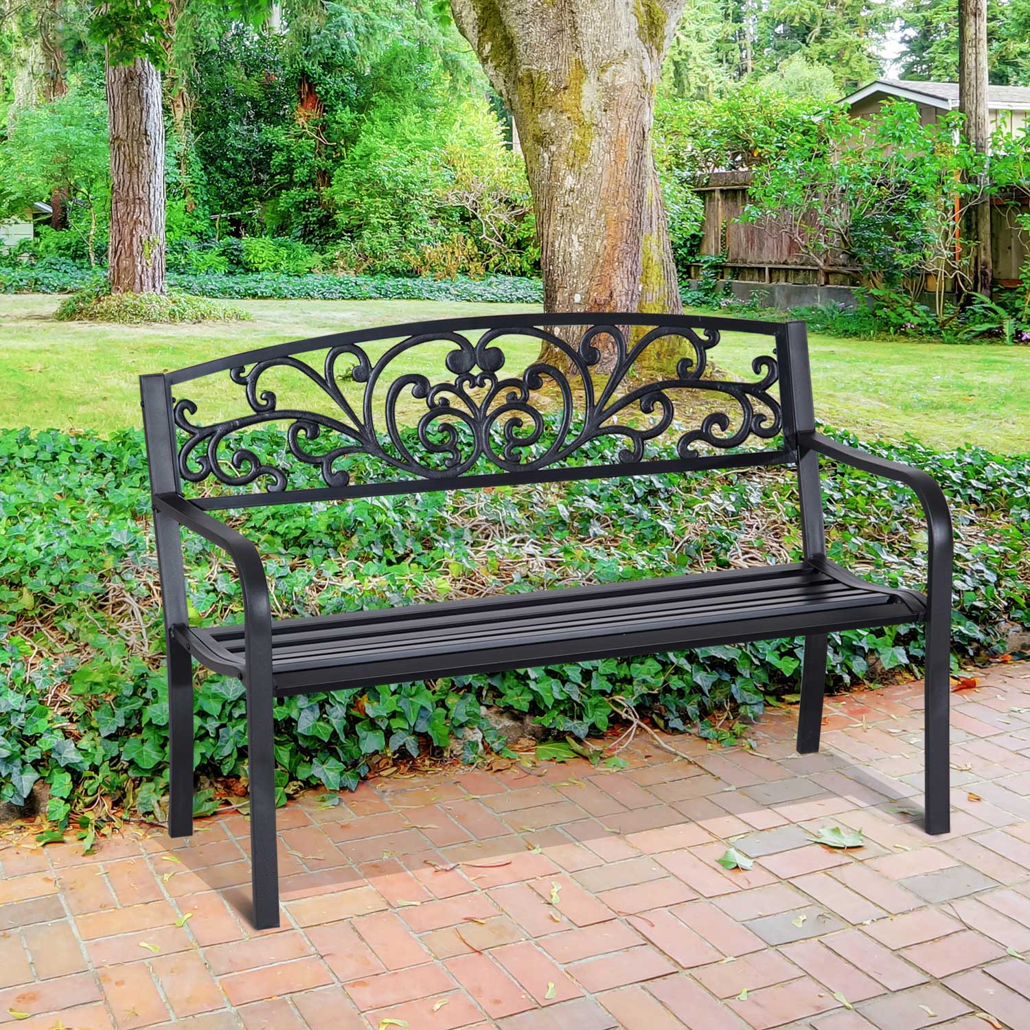 Black Iron Outdoor Bench - Floral Garden Bench