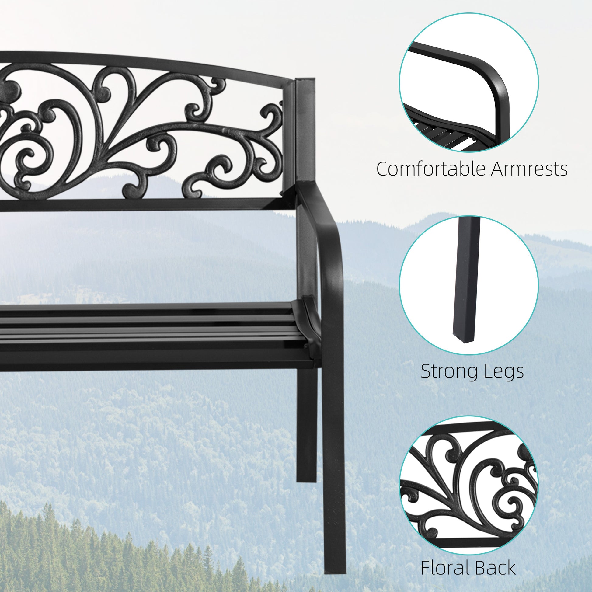 Black Iron Outdoor Bench - Floral Garden Bench