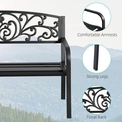 Black Iron Outdoor Bench - Floral Garden Bench