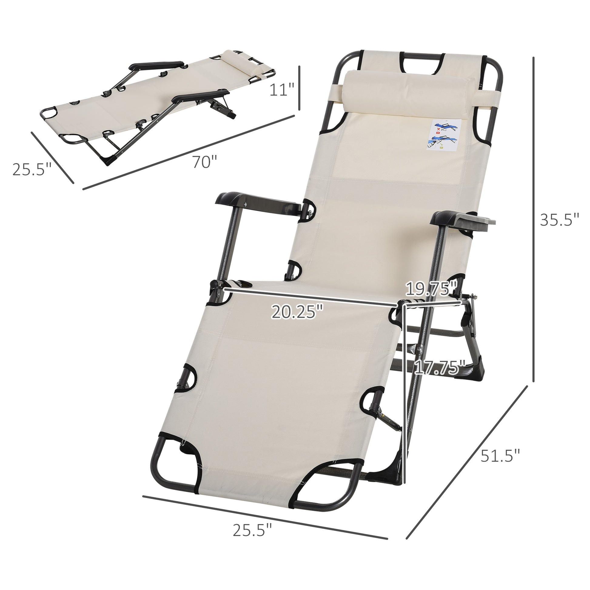 Cream White Folding Chaise Lounge Chair - Outdoor Patio Seating