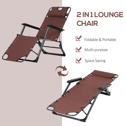 Folding Chaise Lounge - Brown Metal, 2-in-1 Tanning Chair for Outdoor