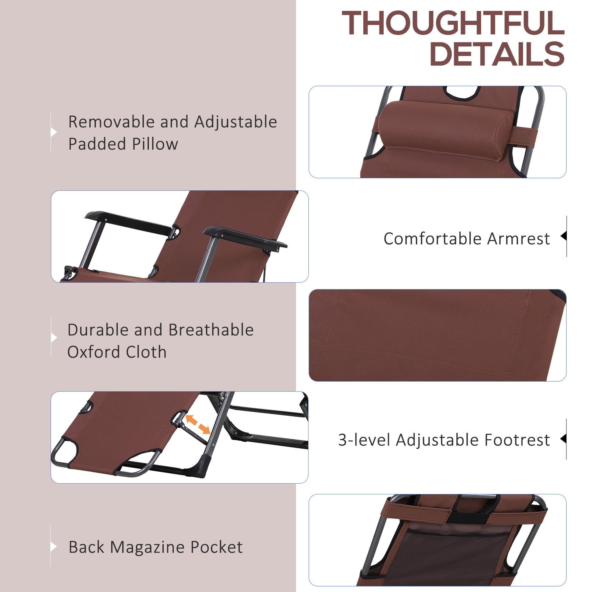 Folding Chaise Lounge - Brown Metal, 2-in-1 Tanning Chair for Outdoor