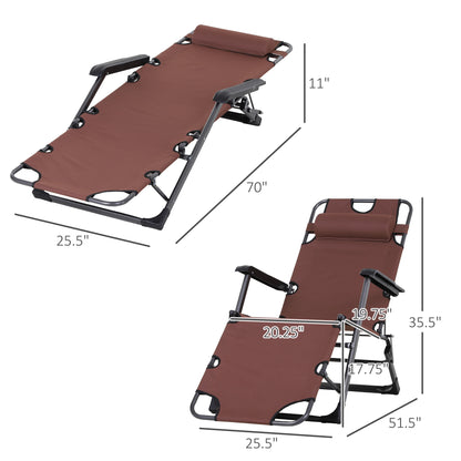 Folding Chaise Lounge - Brown Metal, 2-in-1 Tanning Chair for Outdoor