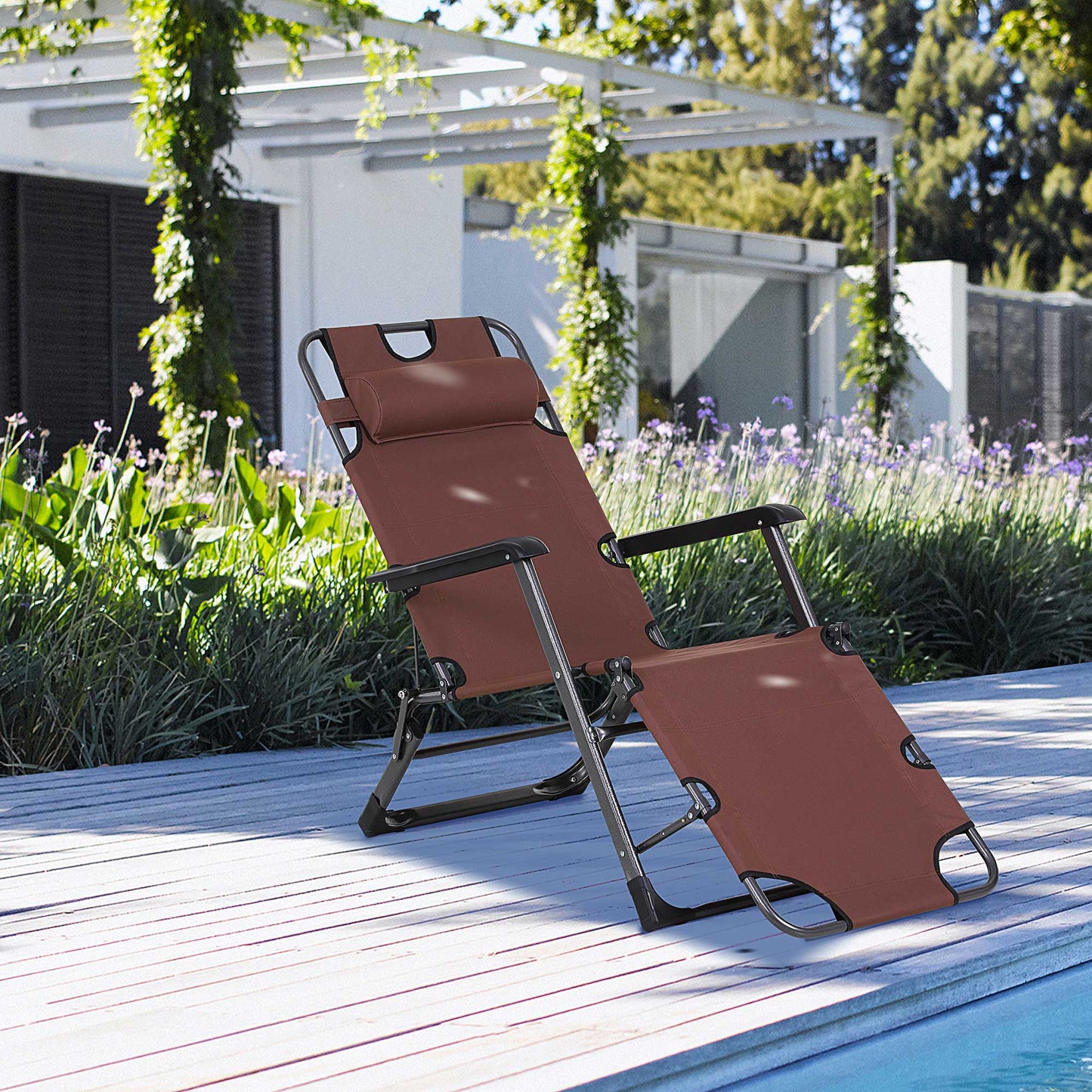 Folding Chaise Lounge - Brown Metal, 2-in-1 Tanning Chair for Outdoor
