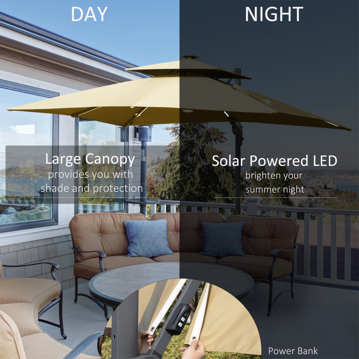 10FT Cantilever Patio Umbrella with Solar Lights