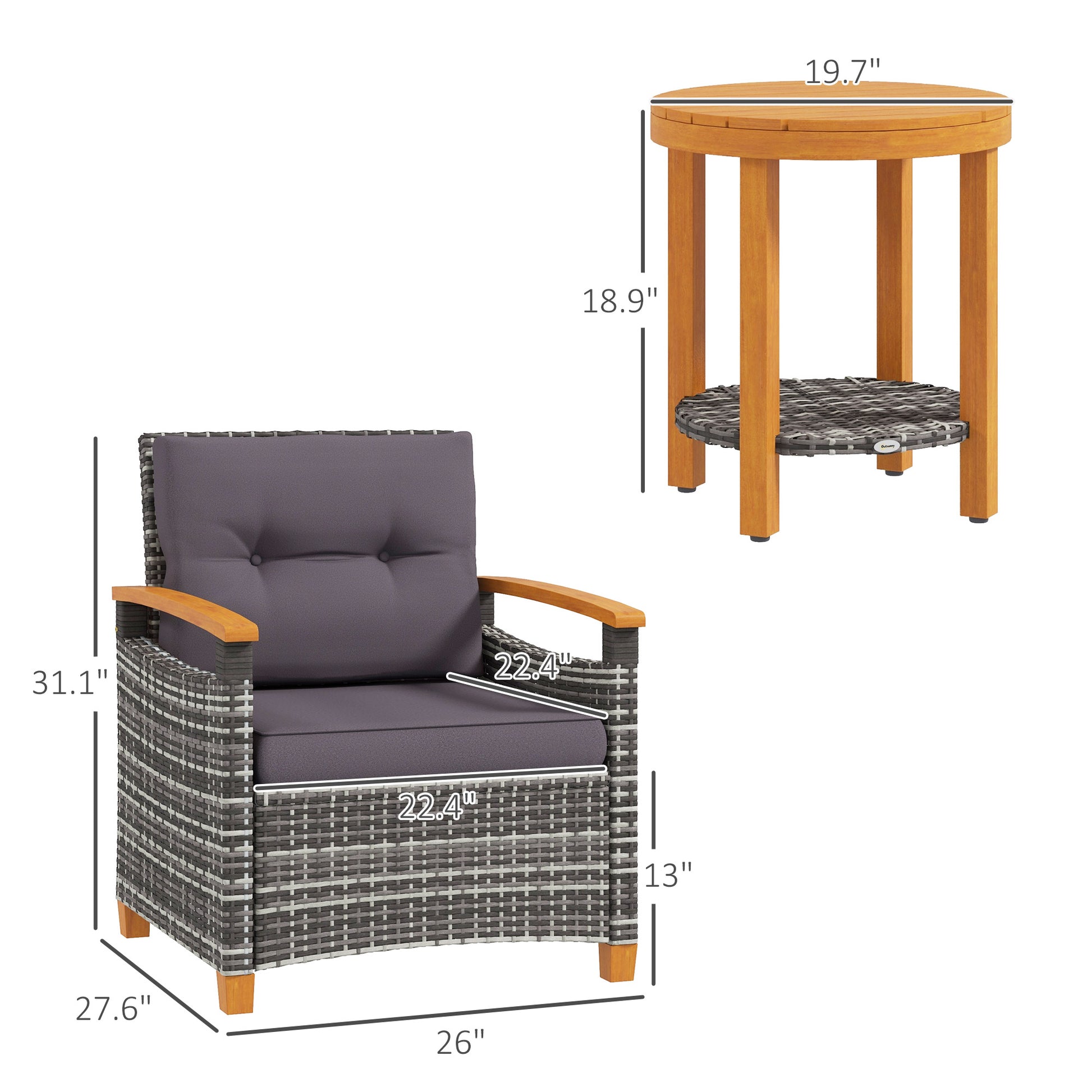 Gray Rattan Patio Bistro Set for Porch and Garden