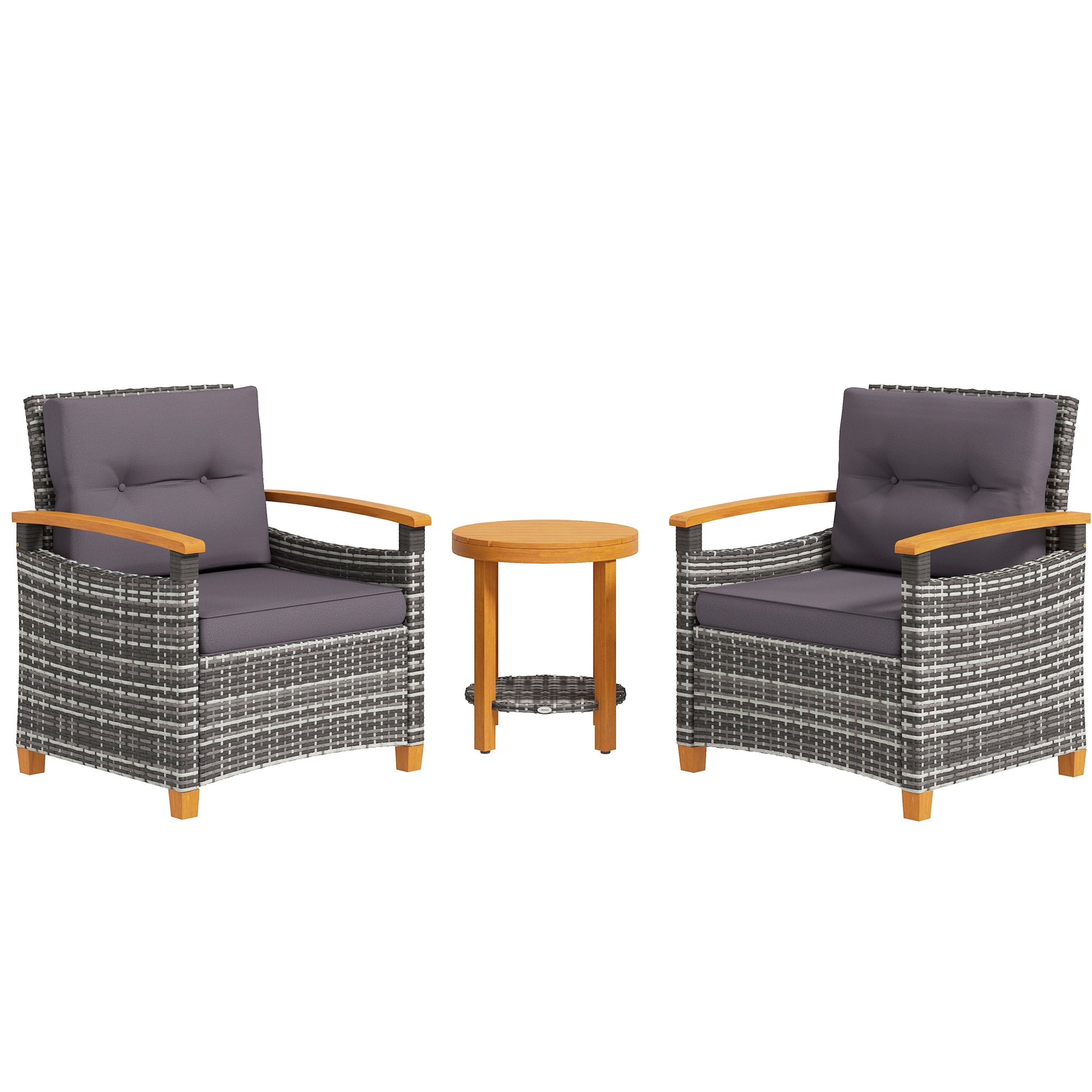 Outsunny 3 Pieces Patio Bistro Set Wooden with Cushions, PE Wicker Patio Furniture Outdoor for Porch, Backyard, Garden, Gray