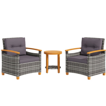 Outsunny 3 Pieces Patio Bistro Set Wooden with Cushions, PE Wicker Patio Furniture Outdoor for Porch, Backyard, Garden, Gray