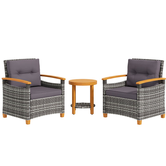 Outsunny 3 Pieces Patio Bistro Set Wooden with Cushions, PE Wicker Patio Furniture Outdoor for Porch, Backyard, Garden, Gray