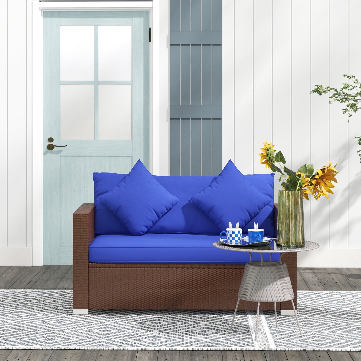 Dark Blue Rattan Outdoor Loveseat for Poolside or Garden