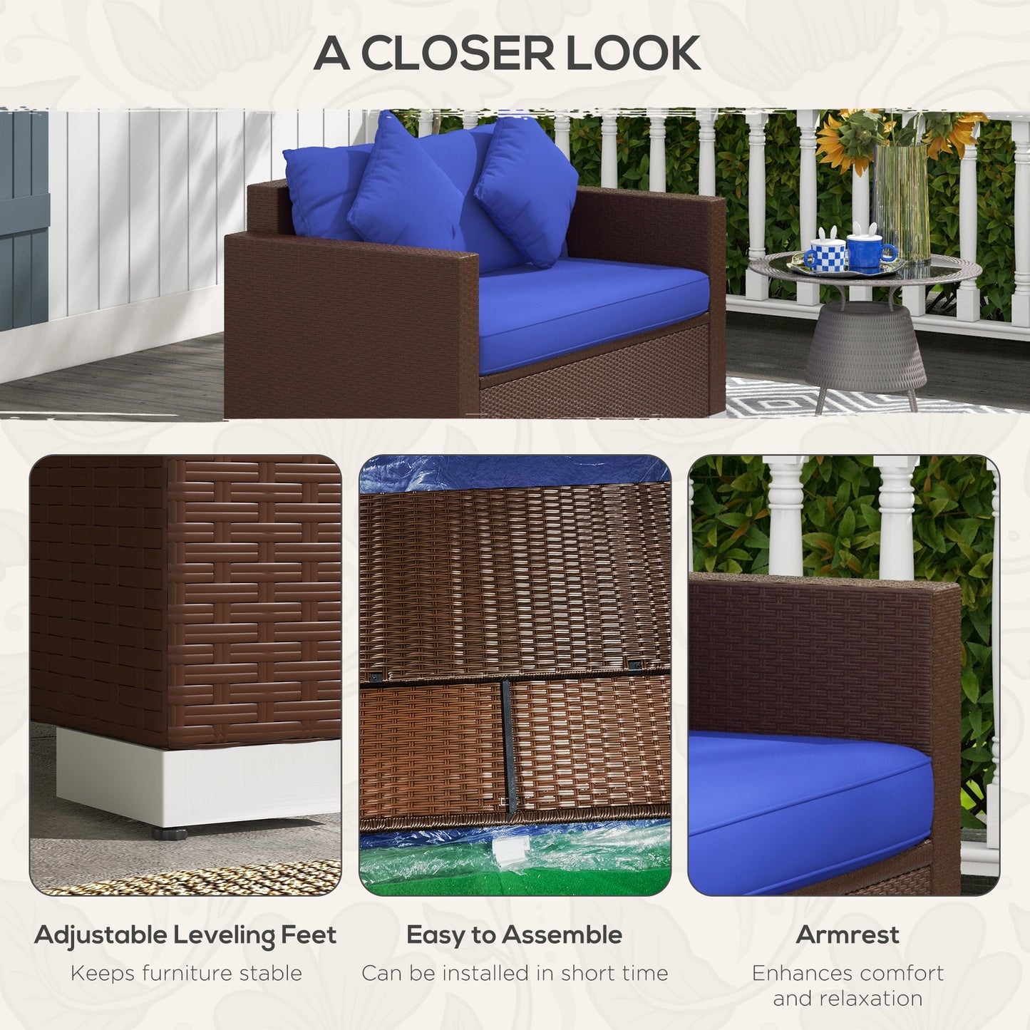 Dark Blue Rattan Outdoor Loveseat for Poolside or Garden