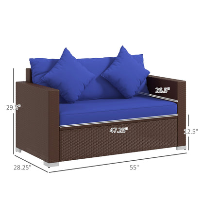 Dark Blue Rattan Outdoor Loveseat for Poolside or Garden