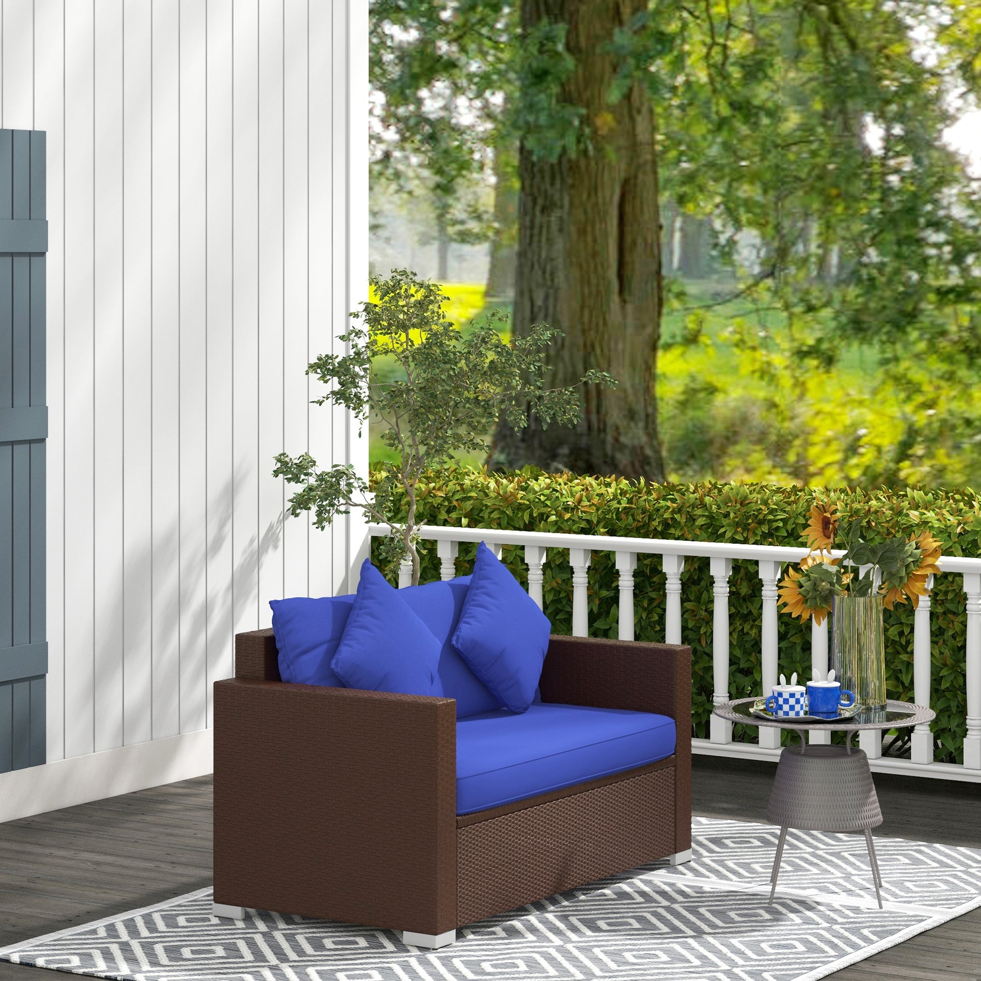 Dark Blue Rattan Outdoor Loveseat for Poolside or Garden