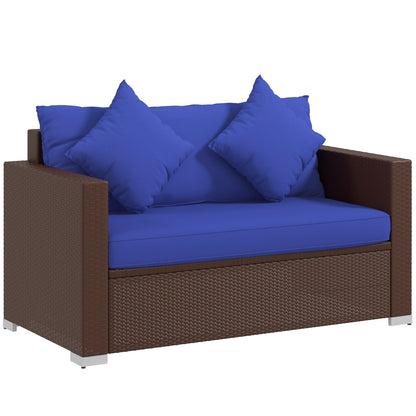 Outsunny Patio Wicker Loveseat with Cushions, 2-Seat Outdoor PE Rattan Couch Sofa with Throw Pillows, for Porch, Backyard, Garden, Poolside, Blue