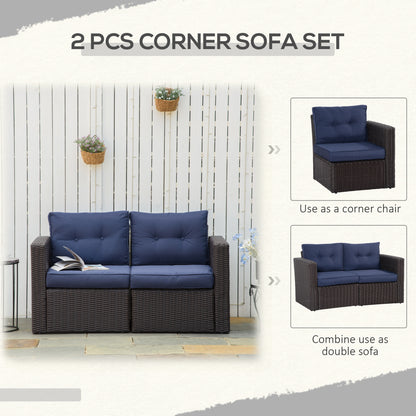 Blue Rattan Corner Sofa Set - 2 Piece Patio Loveseat