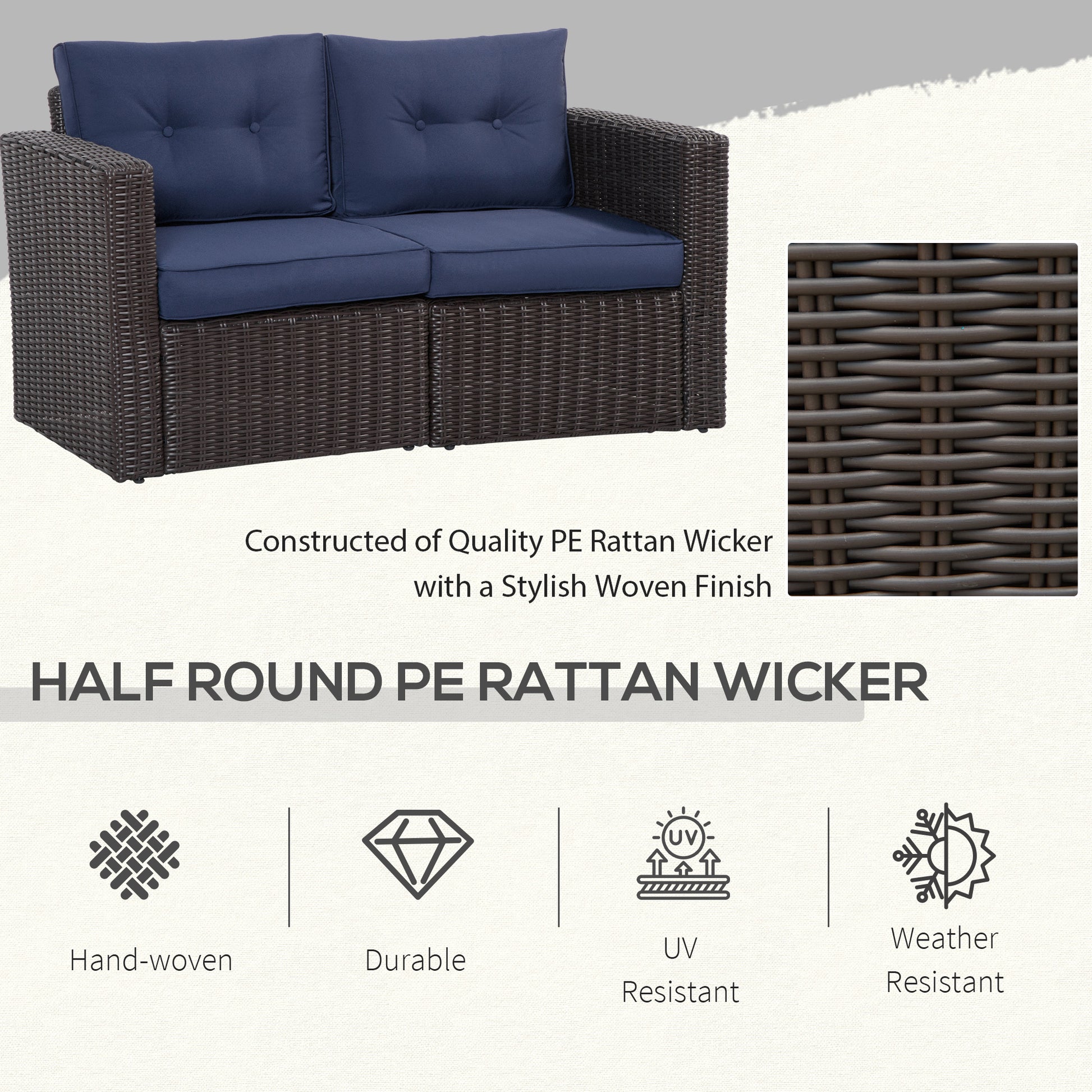Blue Rattan Corner Sofa Set - 2 Piece Patio Loveseat