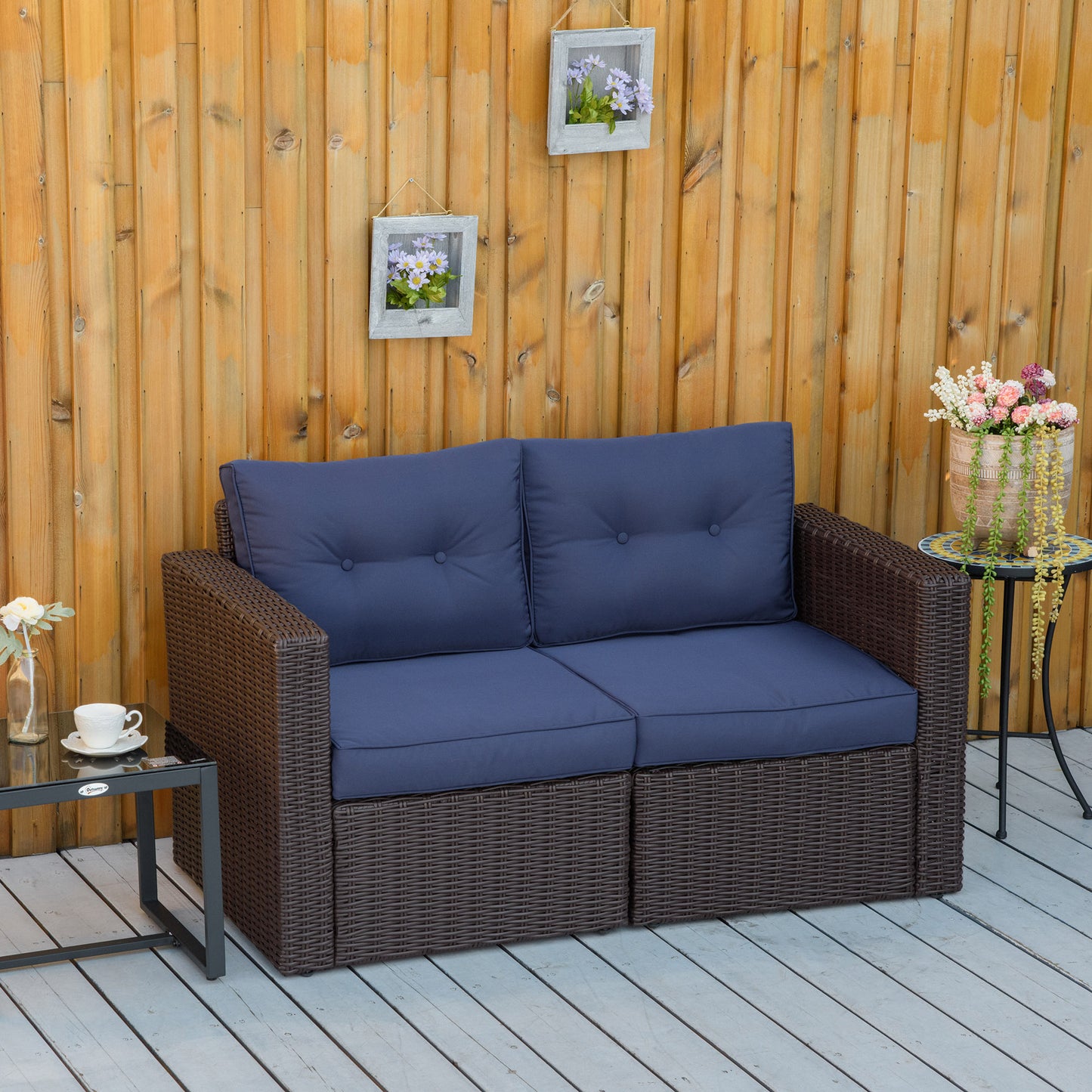 Blue Rattan Corner Sofa Set - 2 Piece Patio Loveseat