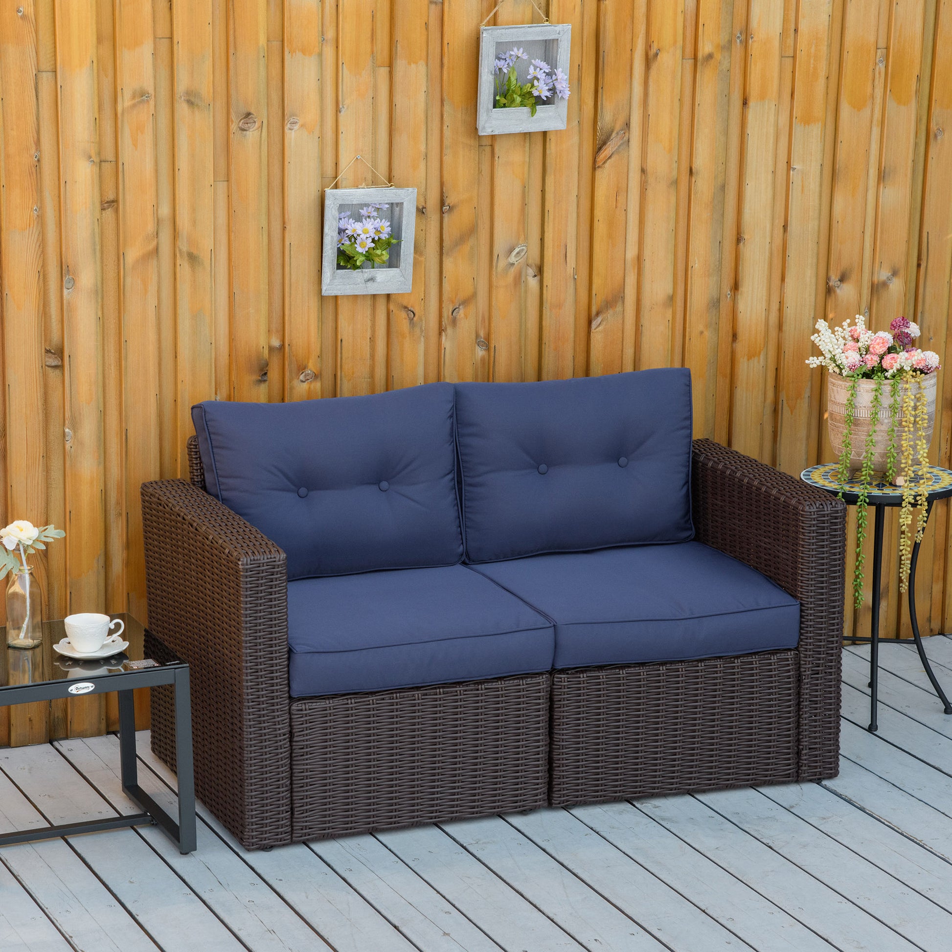 Blue Rattan Corner Sofa Set - 2 Piece Patio Loveseat