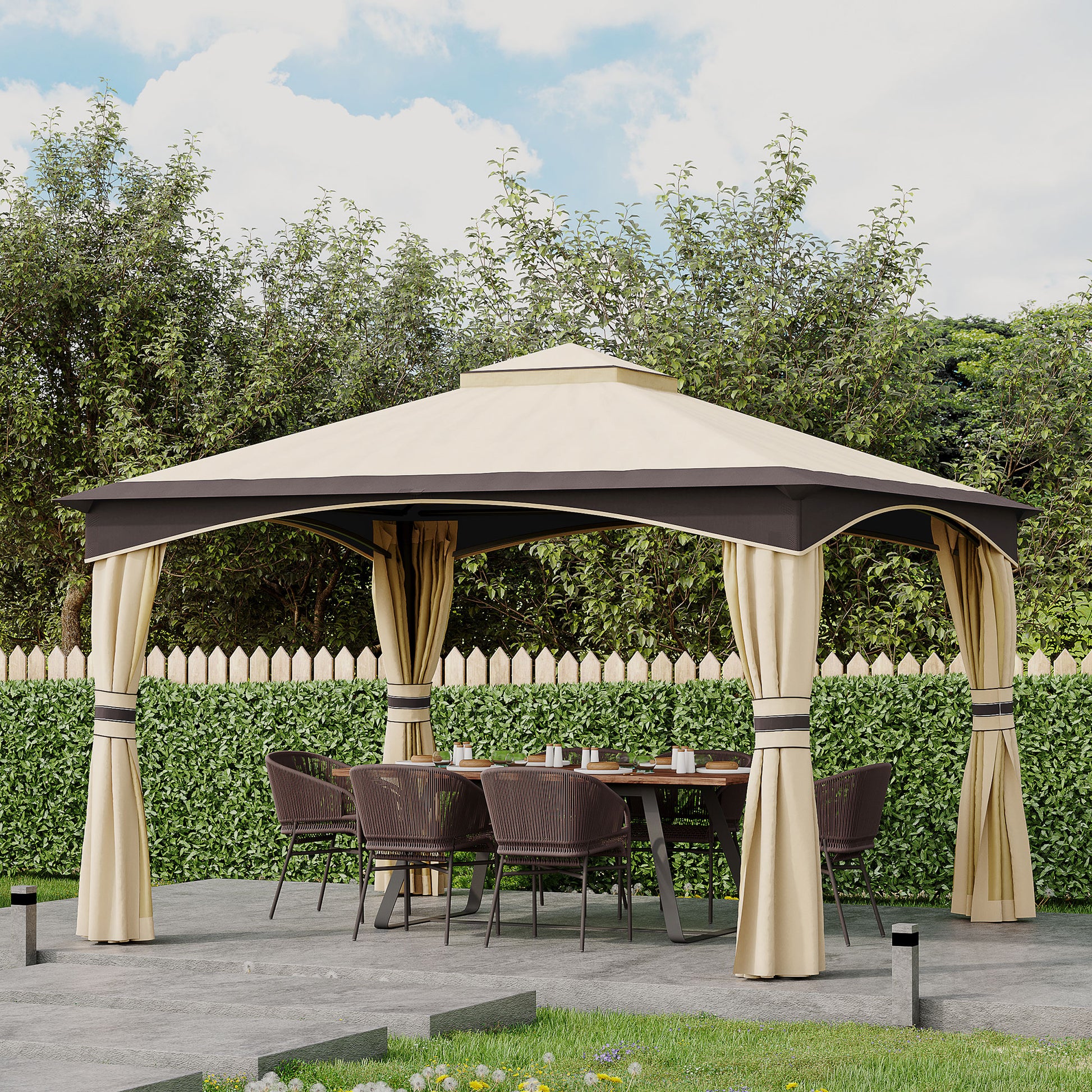 Outsunny 10' x 12' Patio Gazebo - Steel Frame, Beige & Brown Canopy